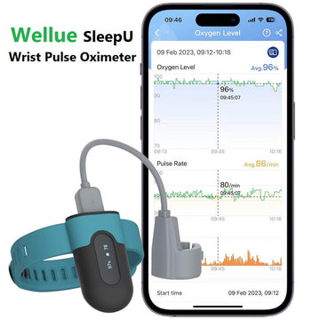 Wellue SleepU Wrist Pulse Oximeter, Wearable Oxygen Monitor with Finger Sensor with Smart Reminder for Low O2| SpO2 & Pulse Rate Recording Continuously, Free Shareable APP & PC Report - Imported from UK